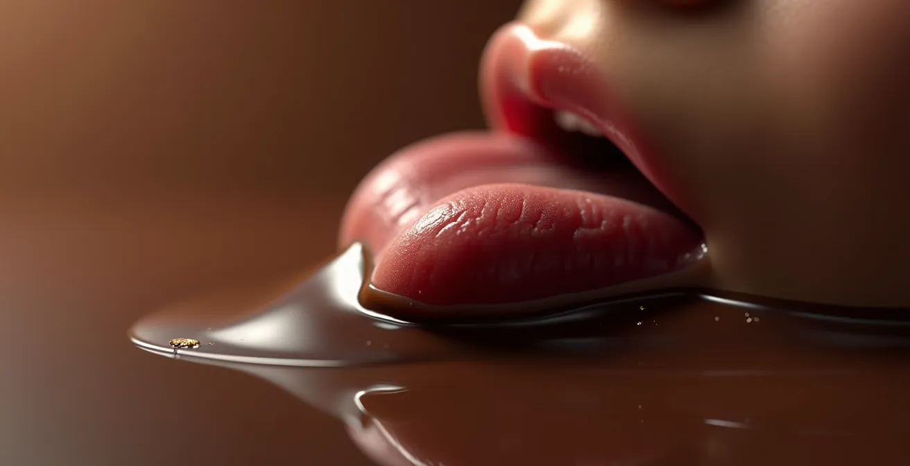 Makroaufnahme von dunkler Schokolade auf der Zunge mit sichtbarer Textur