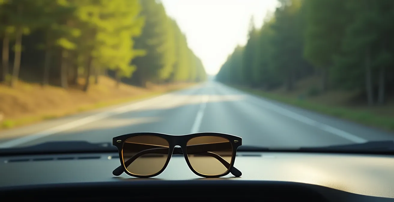 Vergleichsdarstellung brauner und grauer Sonnenbrillengläser beim Autofahren