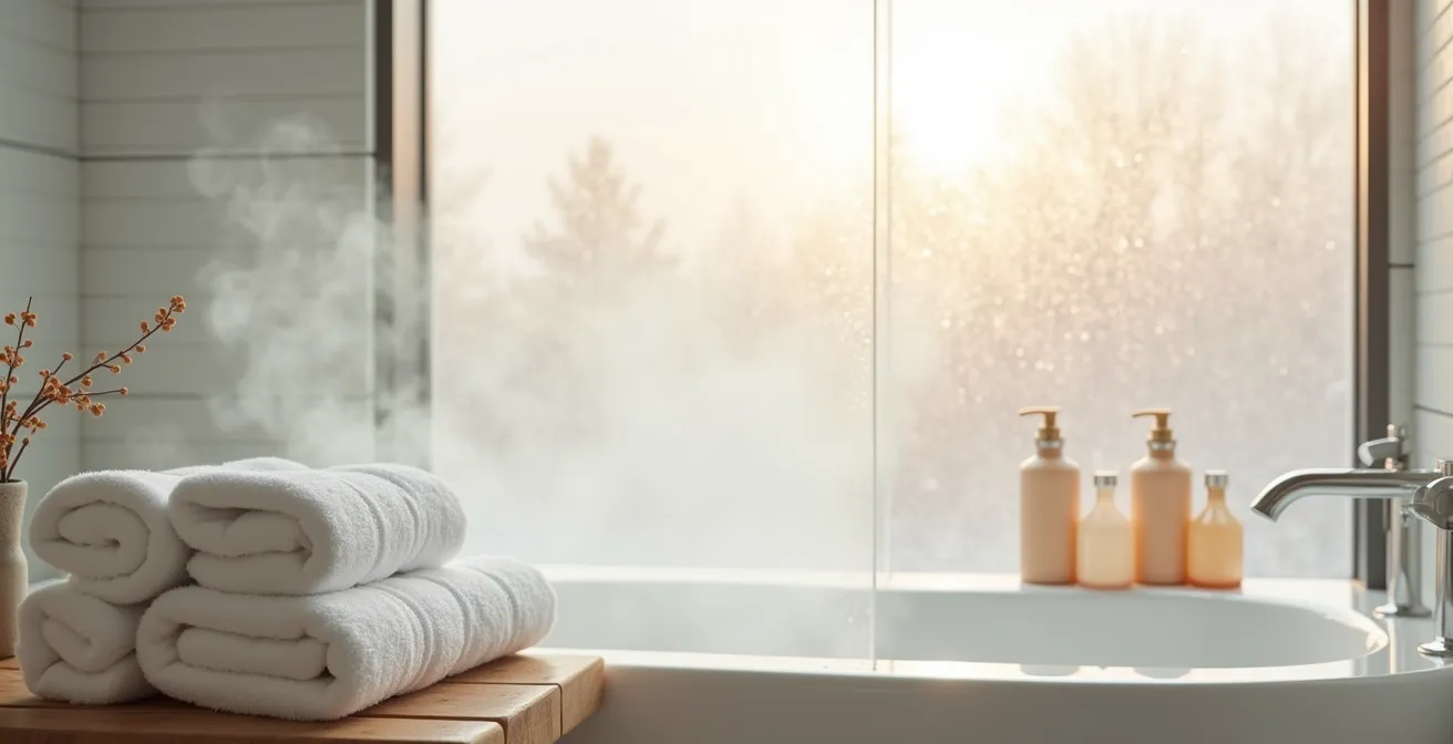 Ruhige Badezimmerszene mit Dampf und weichen Handtüchern