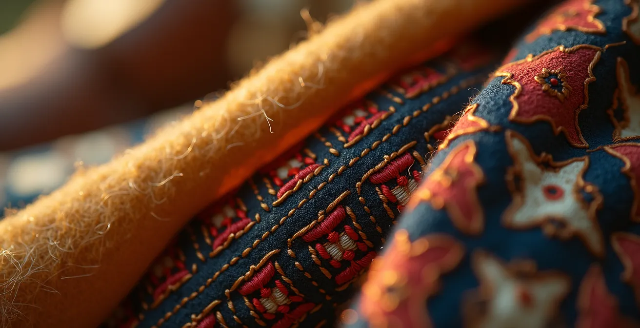 Nahaufnahme, die die Textur eines strukturierten Business-Blazers zeigt, der auf ein fließendes Seidentuch im Boho-Stil trifft.