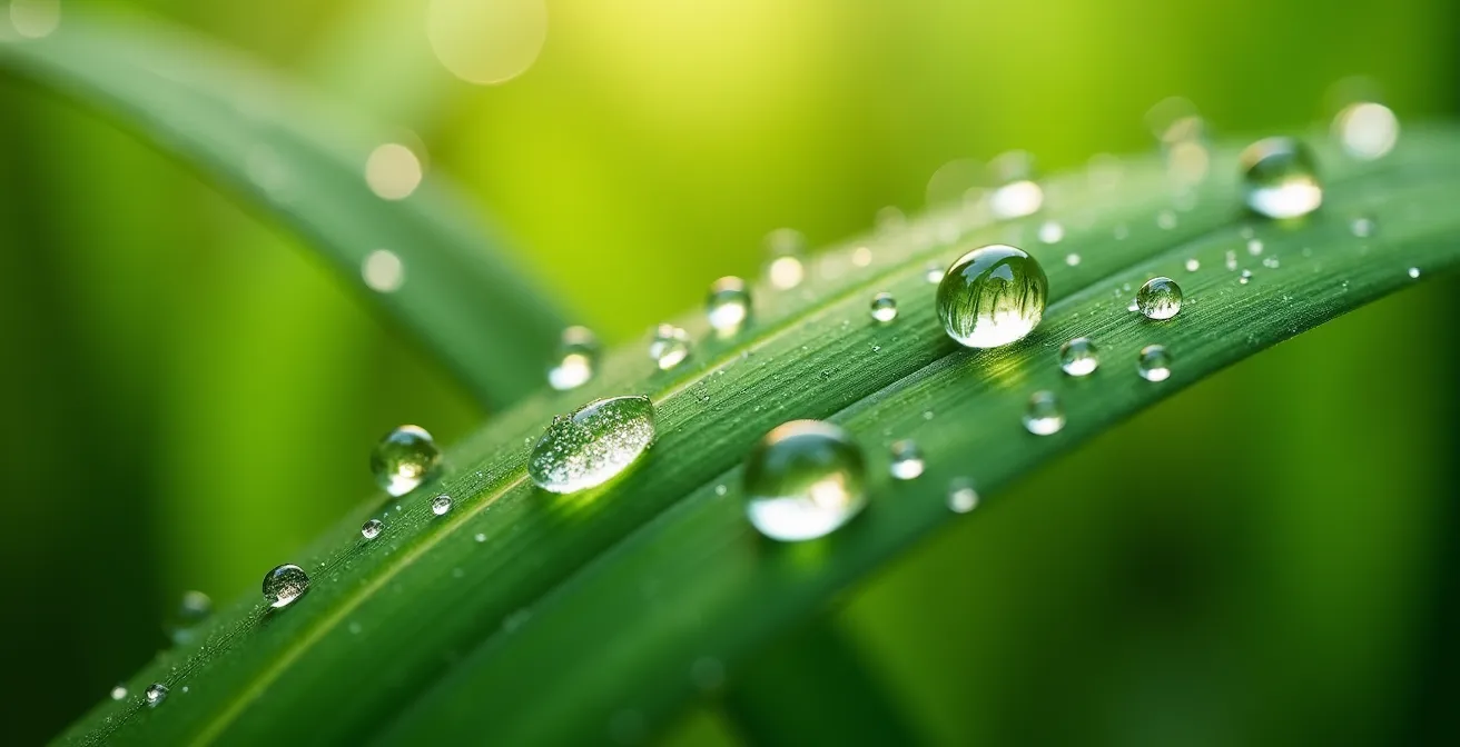 Makroaufnahme von Centella Asiatica Blättern mit Tautropfen