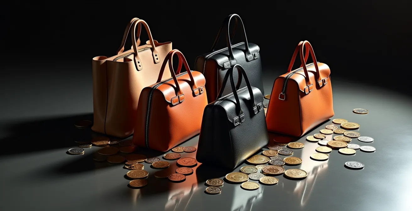 Verschiedene Designer-Handtaschen mit symbolischer Darstellung von Preis und Nutzungshäufigkeit