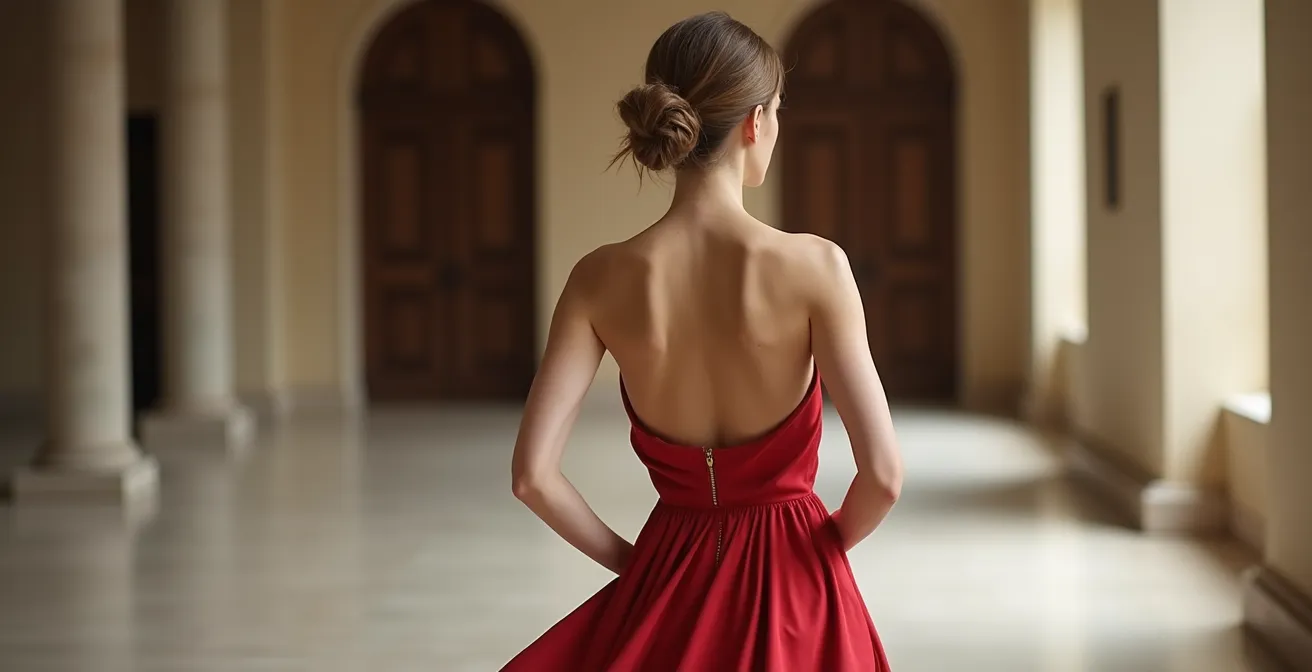 Frau in elegantem Abendkleid mit perfekter Haltung von hinten