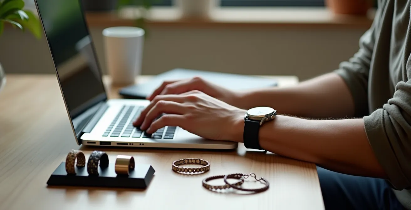 Minimalistisches Büro-Setup mit einer Uhr am Handgelenk und weiteren Armbändern, die schonend in einem Halter auf dem Schreibtisch angeordnet sind.