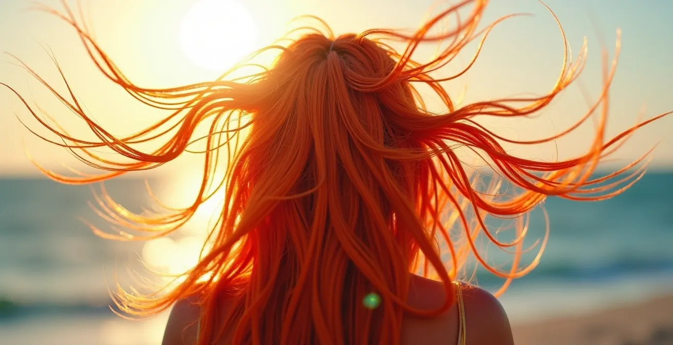 Nahaufnahme von glänzendem gefärbtem Haar mit schützender Schicht gegen UV-Strahlung