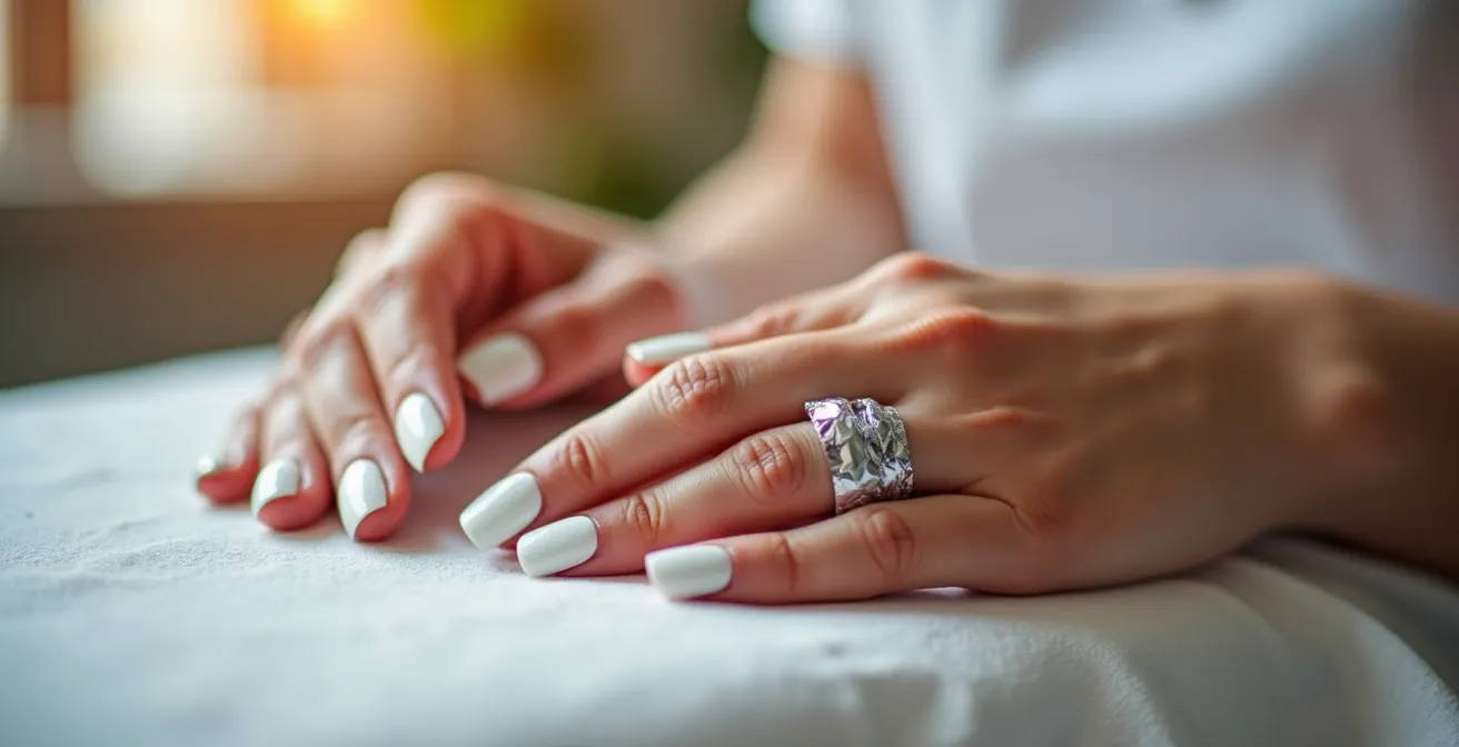 Professionelle und schonende Entfernung von Gelnägeln mit in Aceton getränkten Wattepads und Alufolie