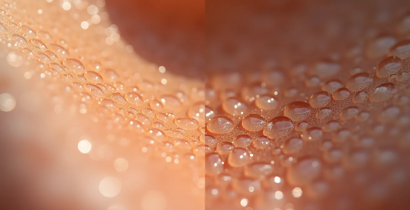 Makroaufnahme von Hauttextur zeigt Unterschied zwischen gesundem Glow und öliger Überproduktion