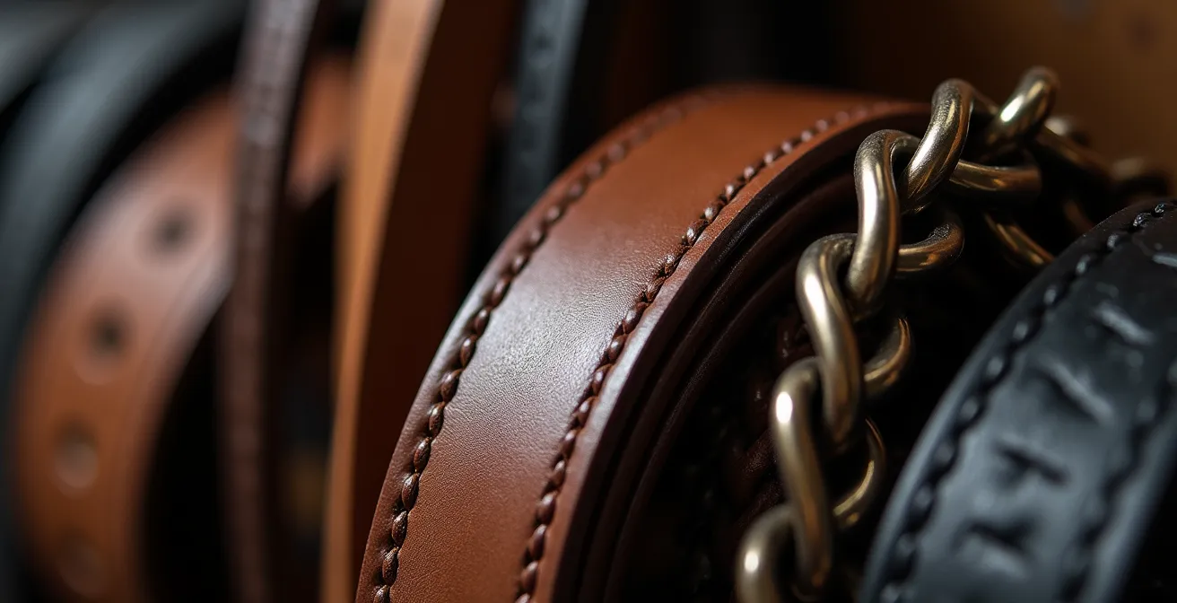 Organisierte Gürtelaufbewahrung mit verschiedenen Lagerungsmethoden, die hängende und gerollte Gürtel zeigen