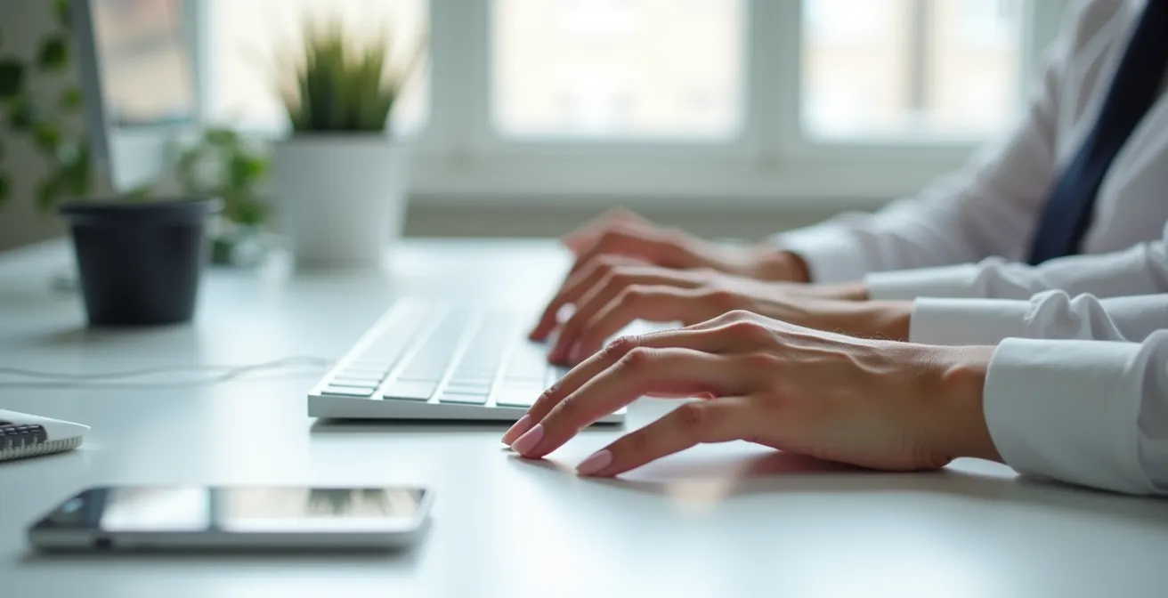 Hände mit verschiedenen Nagellängen beim Tippen auf einer Tastatur