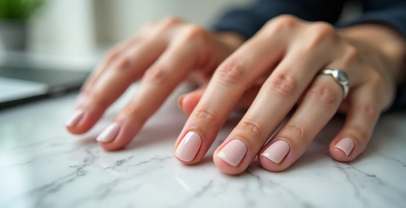 Professionelle Hände mit verschiedenen Nagelformen im Bürokontext