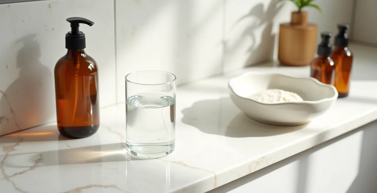 Stillleben mit Handpflegeprodukten und Wasserglas