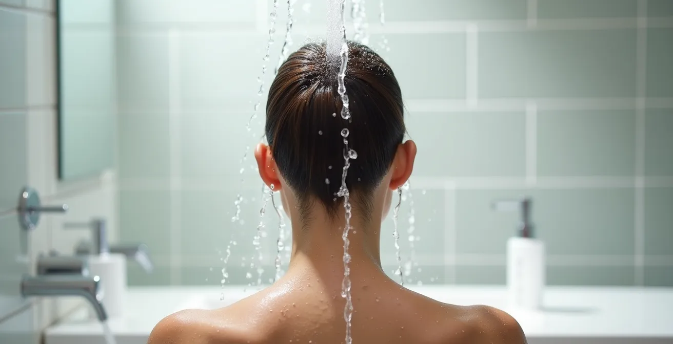 Detailansicht von Produktablagerungen am Haaransatz im Nackenbereich