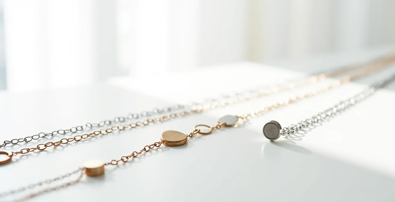 Verschiedene hautverträgliche Schmuckmaterialien in neutraler Präsentation