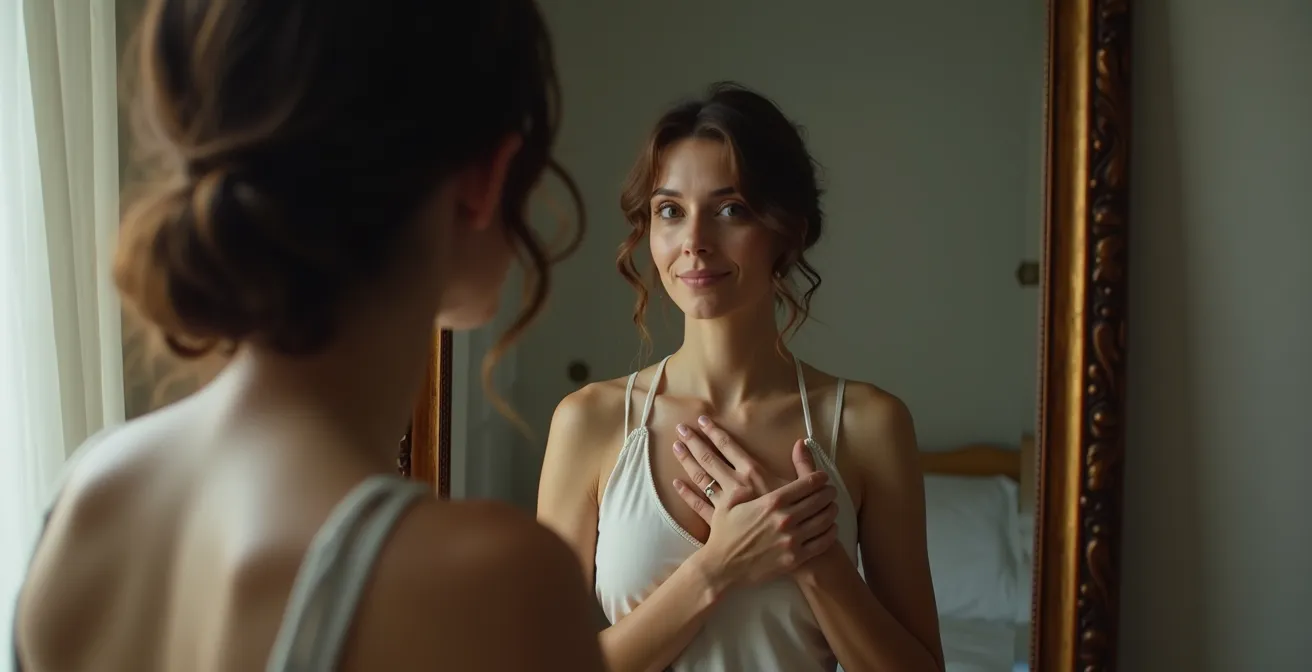 Person vor Spiegel mit sanftem Ausdruck und beruhigender Handbewegung