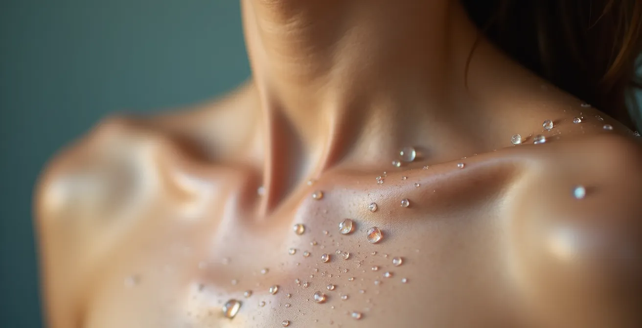 Wassertropfen auf empfindlicher Haut mit sichtbaren Mineralablagerungen