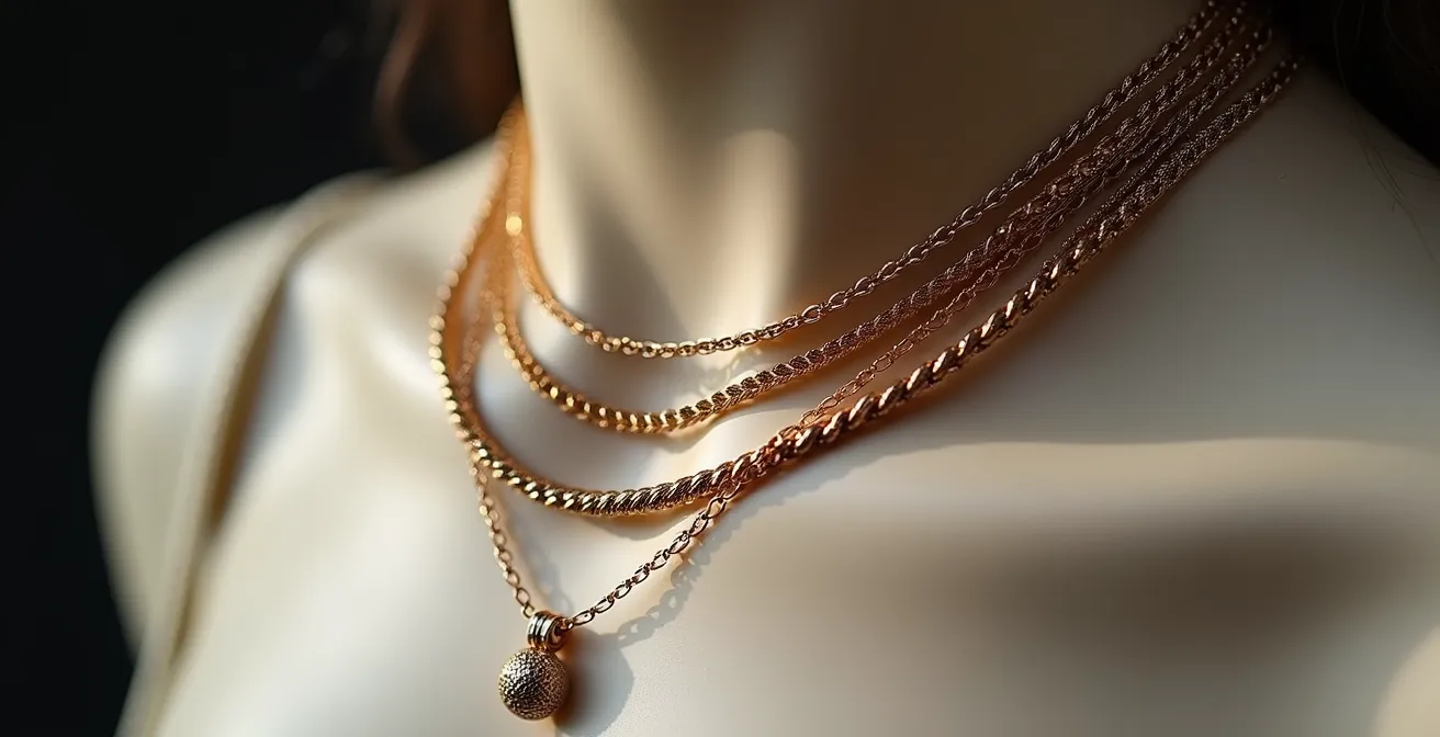 Dreifach geschichtete Halsketten in verschiedenen Längen die einen V-Effekt erzeugen