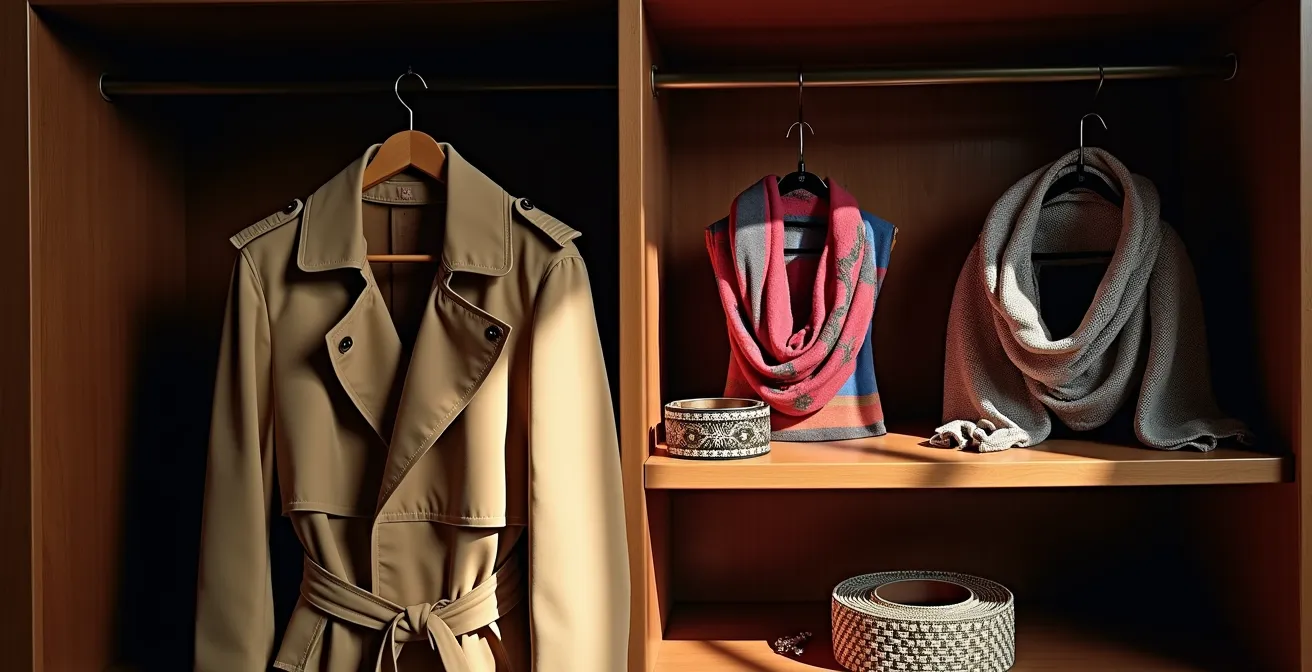 Gegenüberstellung eines zeitlosen Trenchcoats und bunter Trend-Accessoires in einem Kleiderschrank