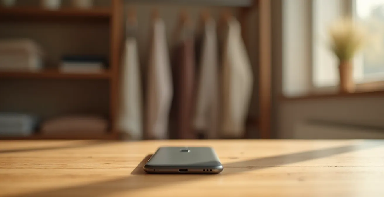 Smartphone von hinten auf Holztisch mit unscharfem Kleiderschrank im Hintergrund