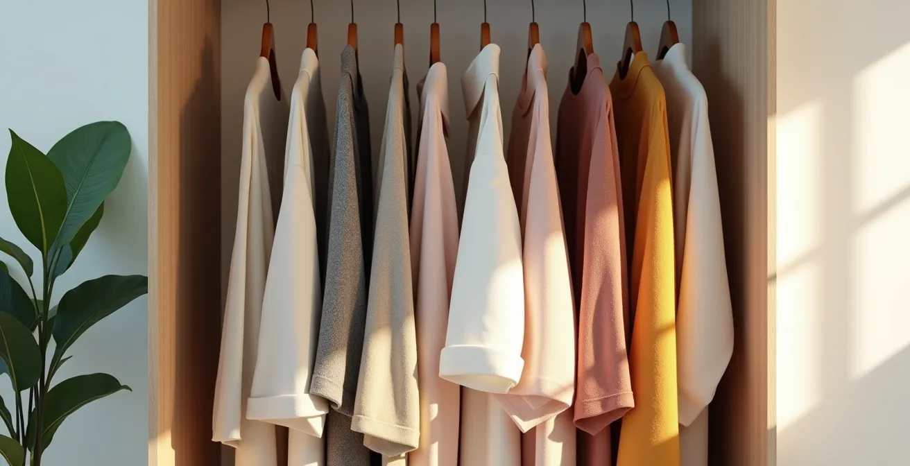 Aufgeräumter minimalistischer Kleiderschrank mit nach Farben sortierten Kleidungsstücken