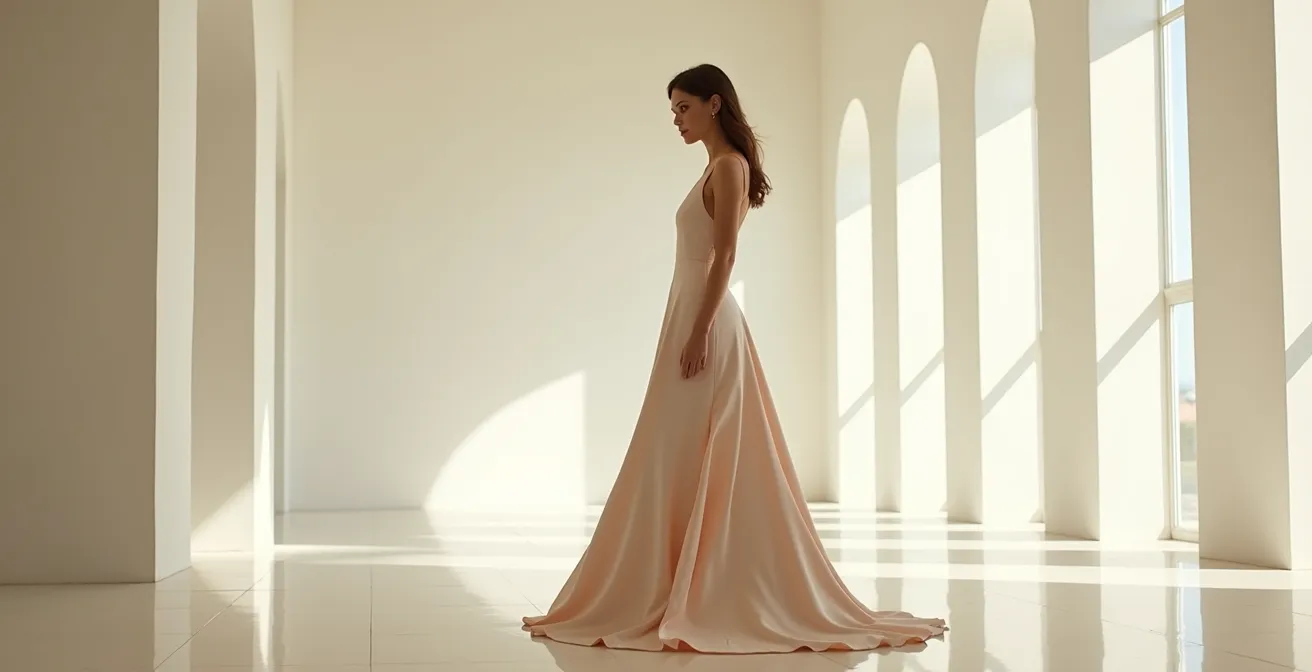 Frau in elegantem Abendkleid demonstriert aufrechte Haltung mit entspanntem Nacken