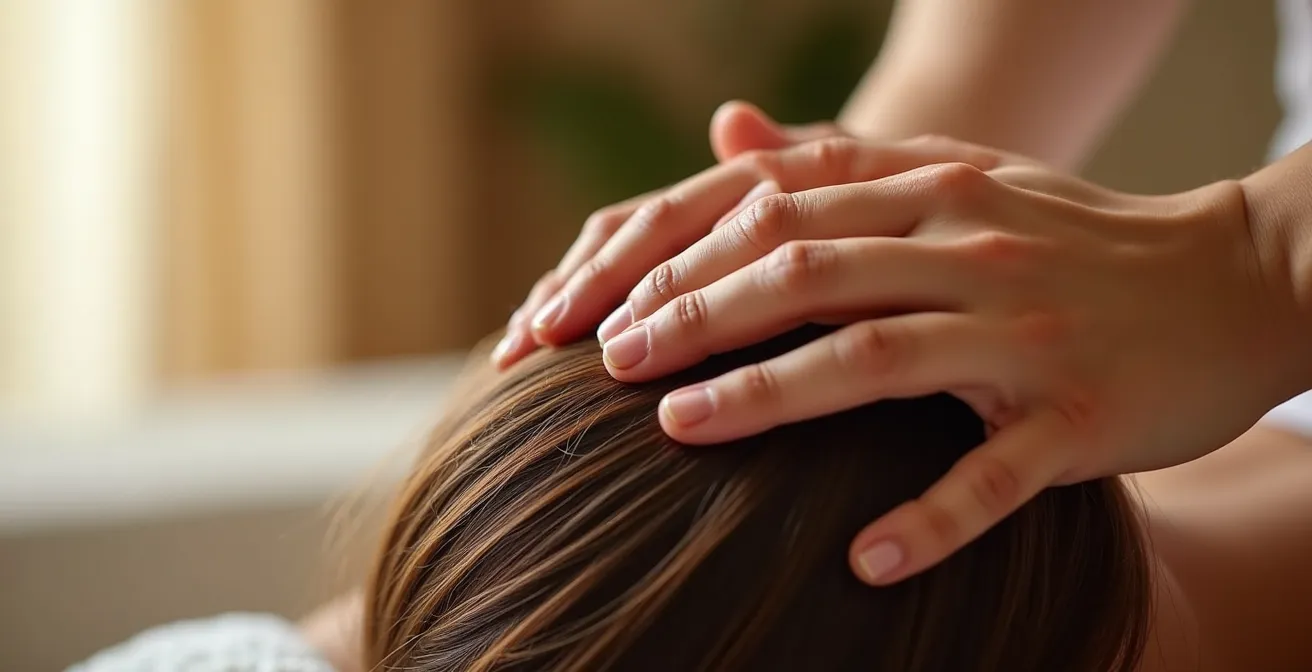 Nahaufnahme von Händen bei sanfter Kopfmassage mit kreisenden Bewegungen der Fingerspitzen
