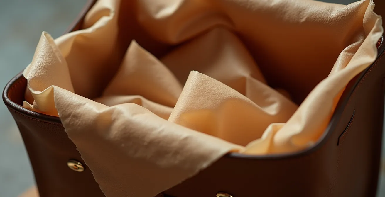 Professionell gelagerte Ledertasche mit Seidenpapier gefüllt in Staubbeutel