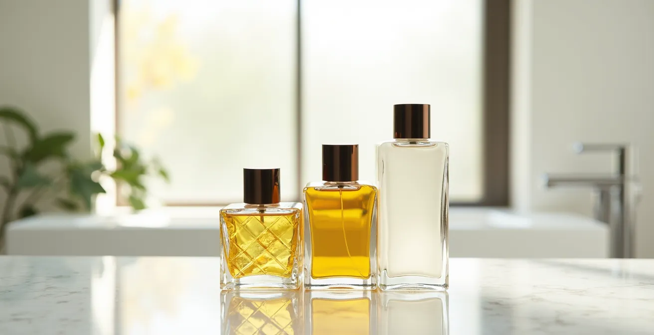 Minimalistische Darstellung der LCO-Methode mit drei Glasflakons in elegantem Setting