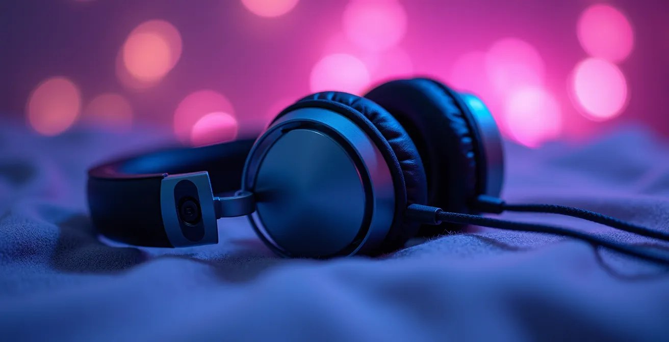 Nahaufnahme von Kopfhörern mit visualisierten Schallwellen in beruhigenden Farben