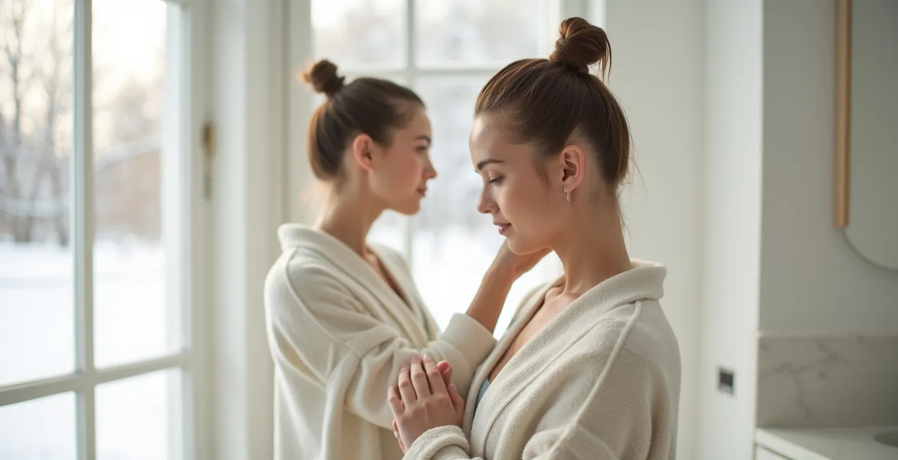 Sanftes Trockentupfen der Haare mit Mikrofasertuch im Winter