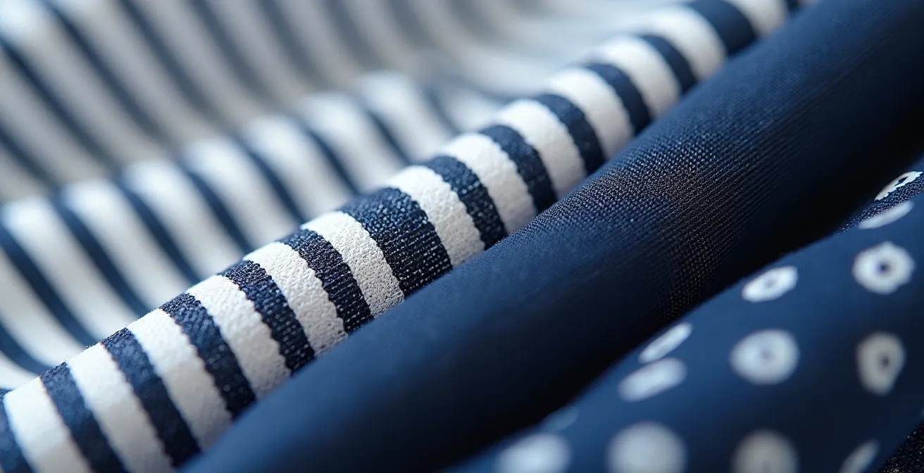 Harmonischer Mustermix mit Streifen und Punkten in einer abgestimmten Farbpalette