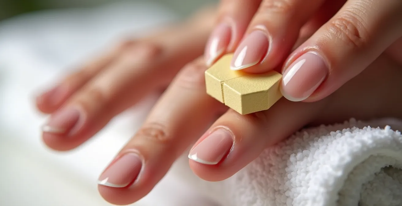 Nahaufnahme von Händen beim professionellen Polieren der Nägel mit Polierblock