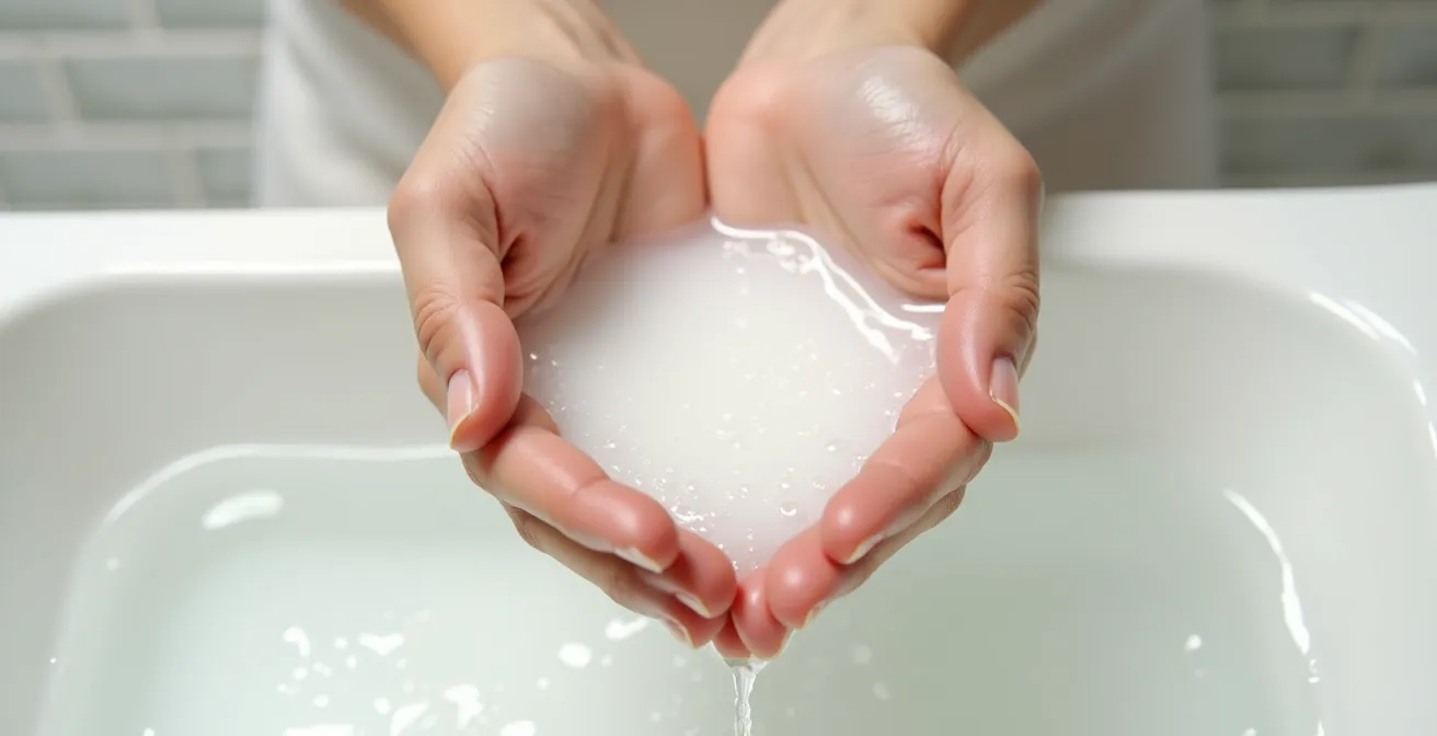 Makroaufnahme der Emulgierung von Reinigungsöl mit Wasser auf der Haut