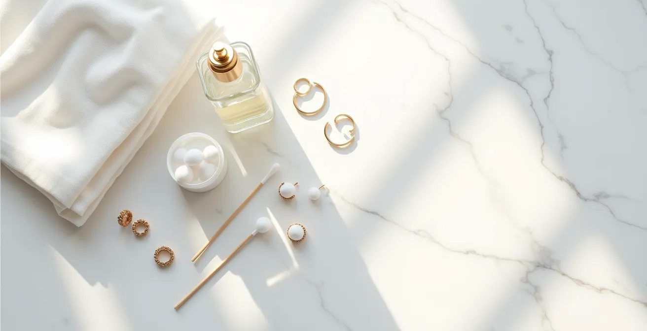 Reinigung von Ohrringen mit Pflegeprodukten auf Marmortisch