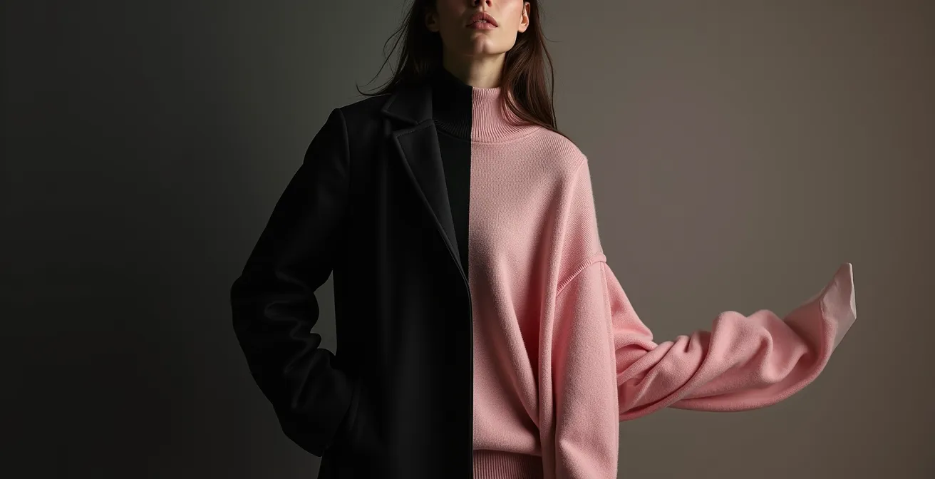 Visueller Vergleich einer Person in schwerer, schwarzer Kleidung und einer Person in leichter Pastellkleidung, die Ruhe ausstrahlt.