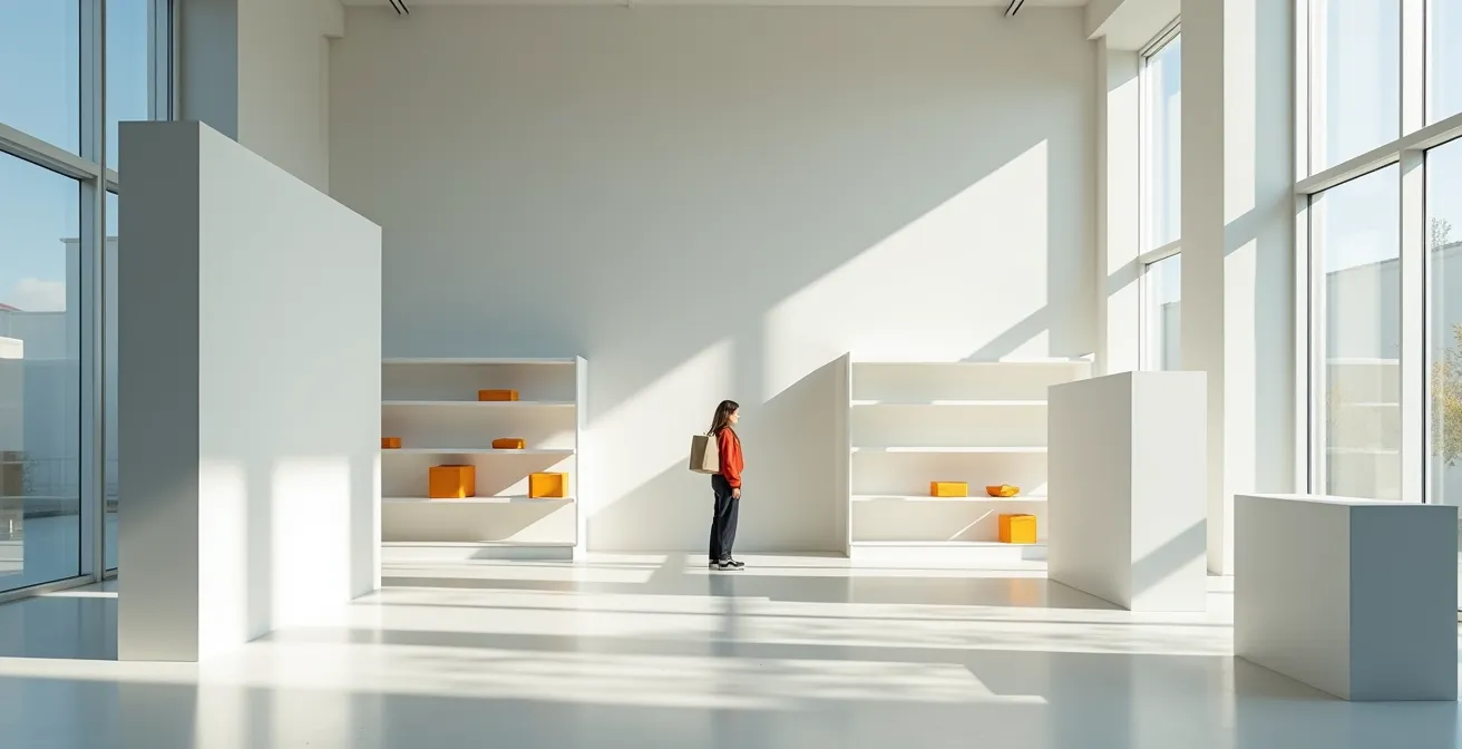 Abstrakte Darstellung von Zeitdruck und Kaufentscheidung in einem minimalistischen Laden.