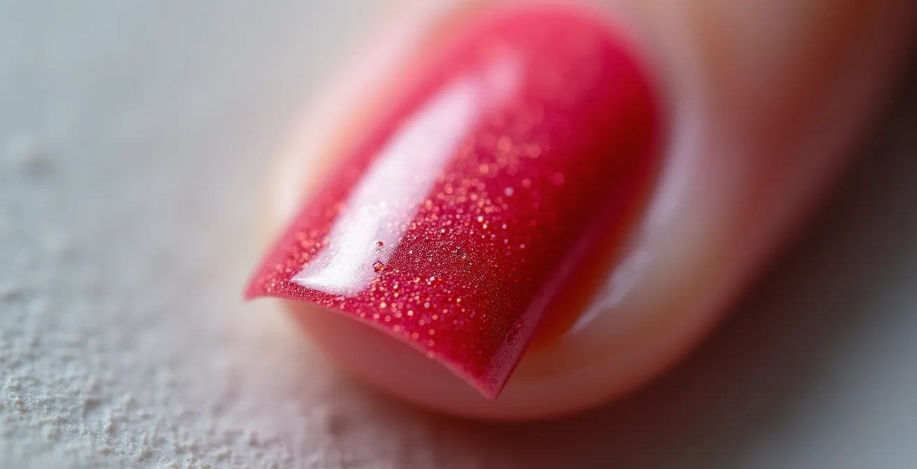 Makroaufnahme von Nagellack-Schichten, die in der Sandwich-Technik auf einen Fingernagel aufgetragen werden