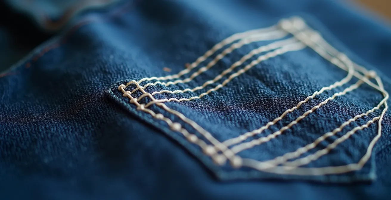 Detailaufnahme einer kunstvoll reparierten Jeans mit Sashiko-Stickerei