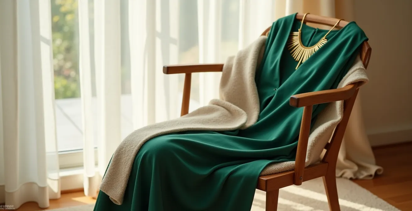 Elegant arrangierte Kleidung auf einem Stuhl, bestehend aus einem fließenden Wickelkleid und einem asymmetrischen Cardigan, die Komfort und Stil verbinden.