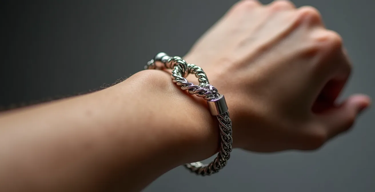 Detailaufnahme verschiedener Armband-Anpassungsmethoden für schmale Handgelenke, wie Schiebeknoten und Silikon-Stopper.