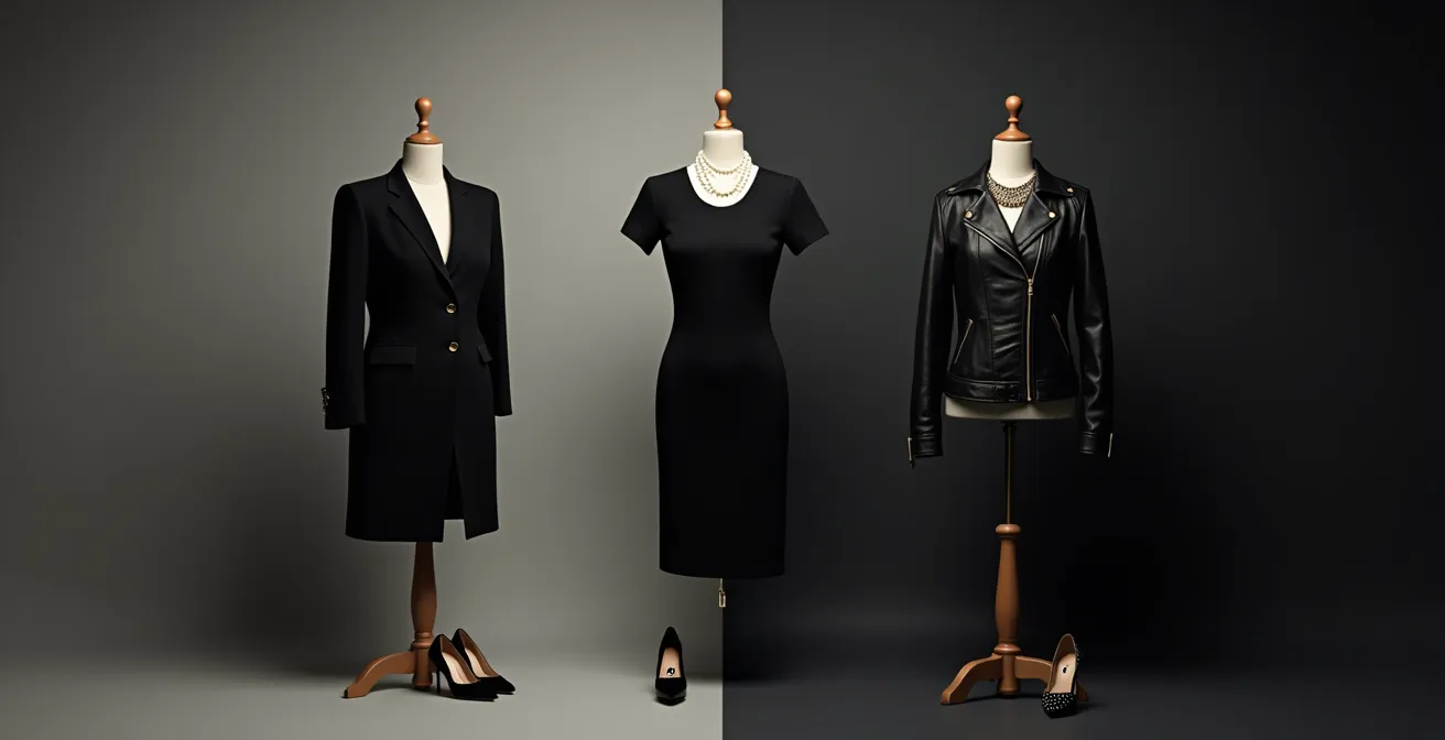 Elegantes schwarzes Kleid mit verschiedenen Accessoires für unterschiedliche Anlässe