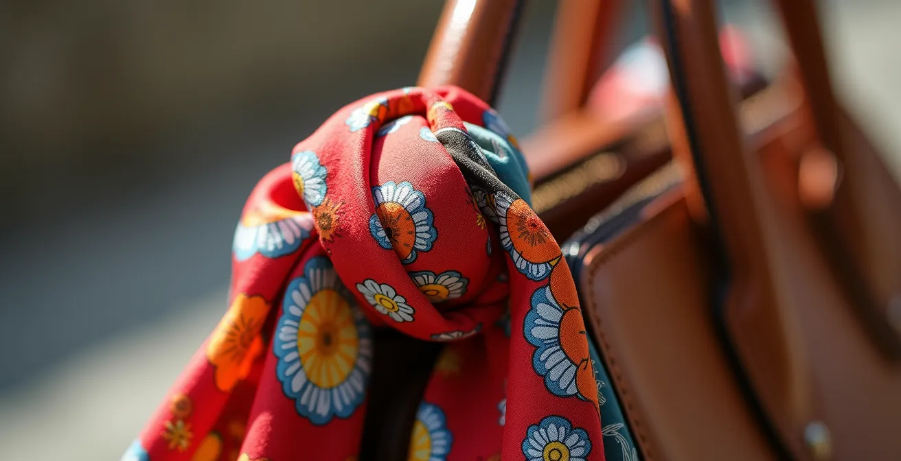 Nahaufnahme einer Handtasche mit kunstvoll gebundenem Seidentuch