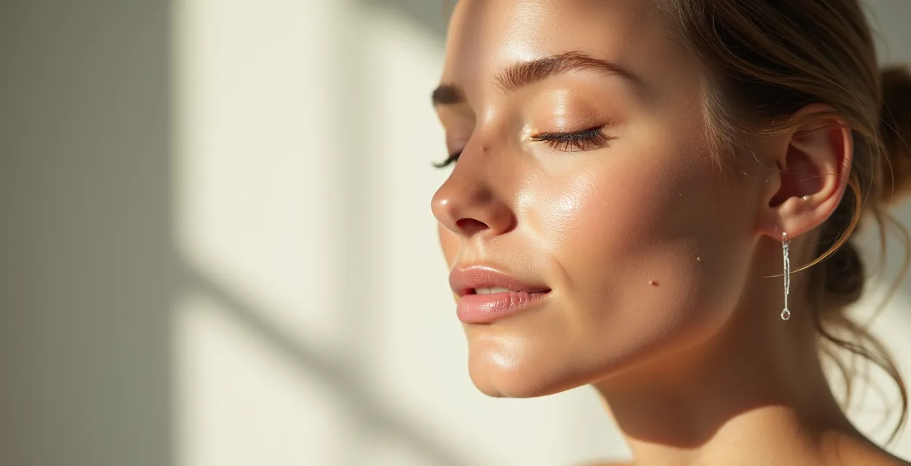 Frau wendet Sonnenschutzspray mit geschlossenen Augen an