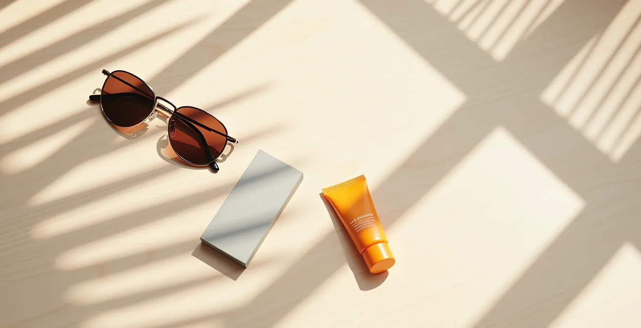 Stillleben mit UV-Schutzbrille und mineralischer Sonnencreme im Sonnenlicht