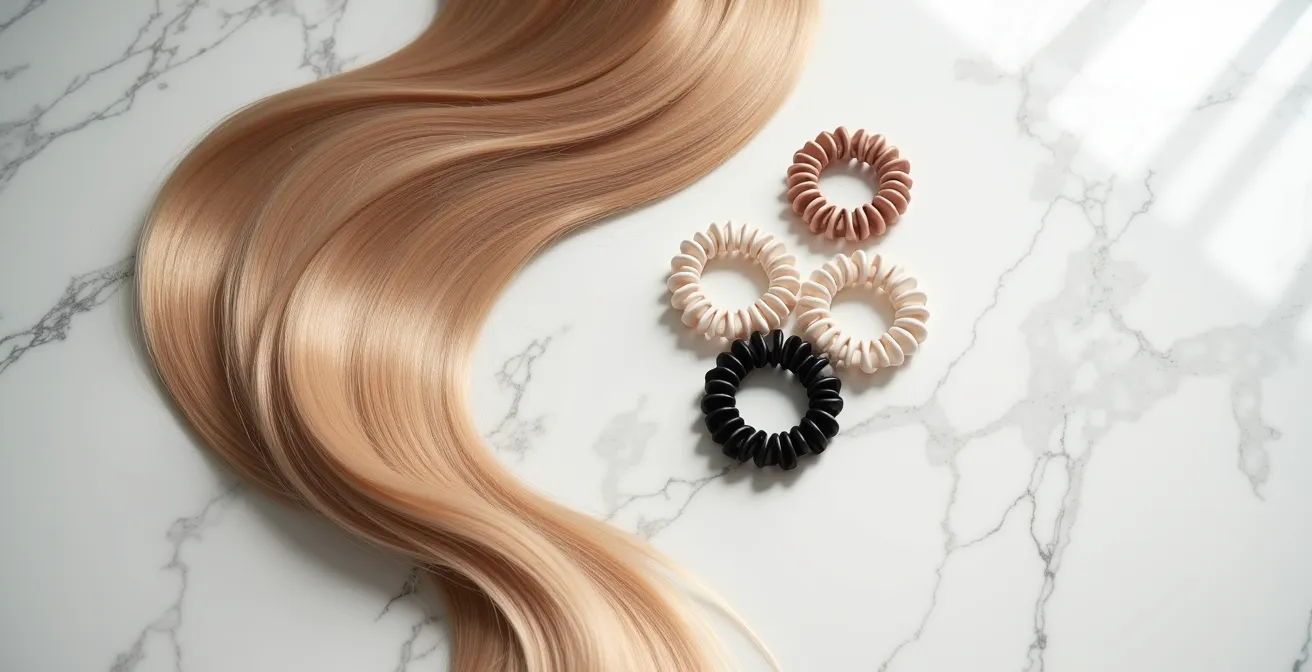 Makroaufnahme verschiedener Haargummis auf glänzendem Haar ohne sichtbare Knicke