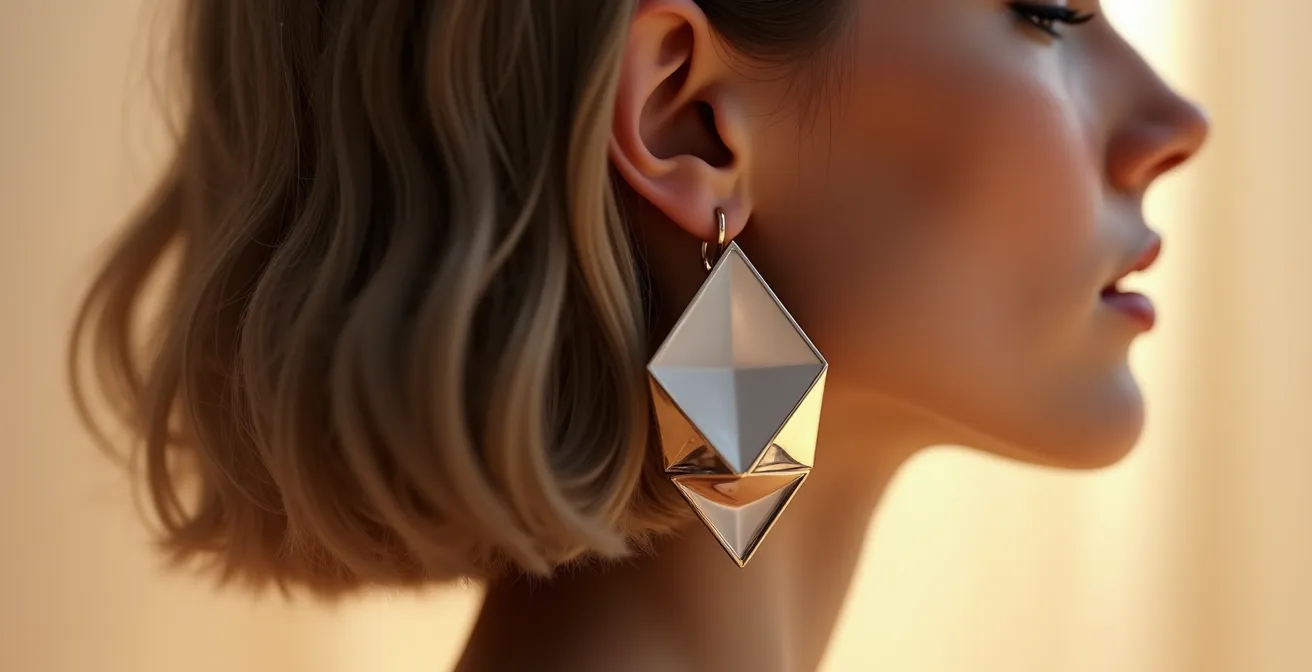 Detailaufnahme von Statement-Ohrringen an Ohrläppchen mit Bob-Frisur