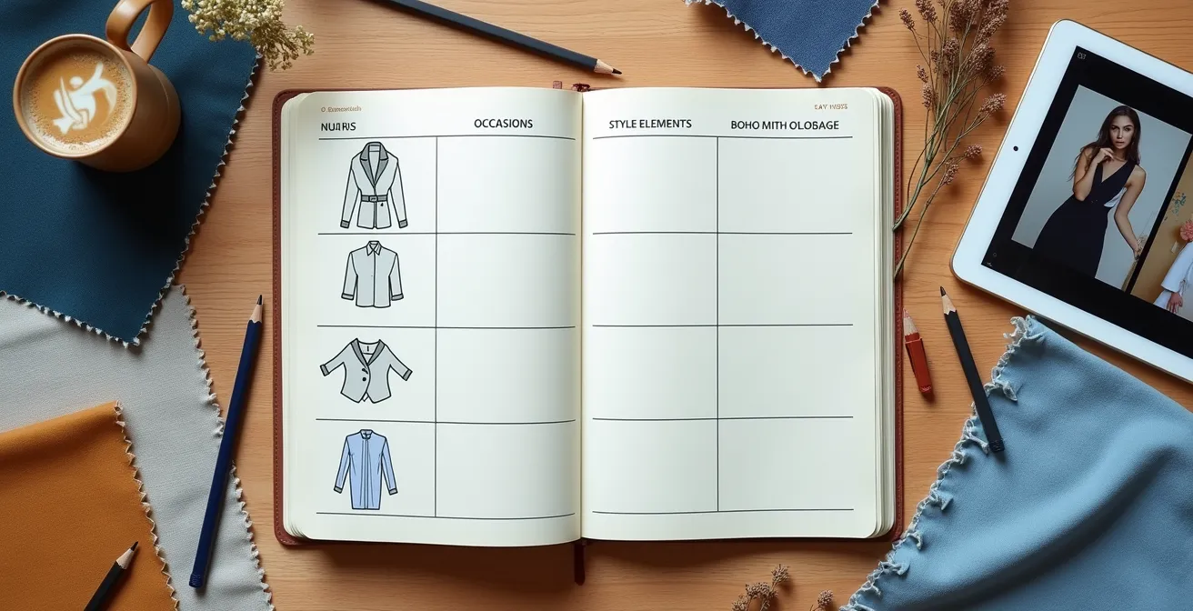 Ein aufgeräumter Schreibtisch mit einer handgezeichneten Stil-Matrix, Stoffmustern und einem Tablet