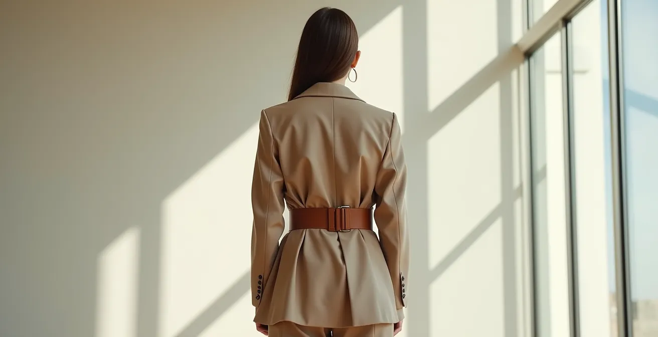 Elegante Rückenansicht einer Frau mit gegürtetem Blazer, die die Drapierung des Stoffes zeigt