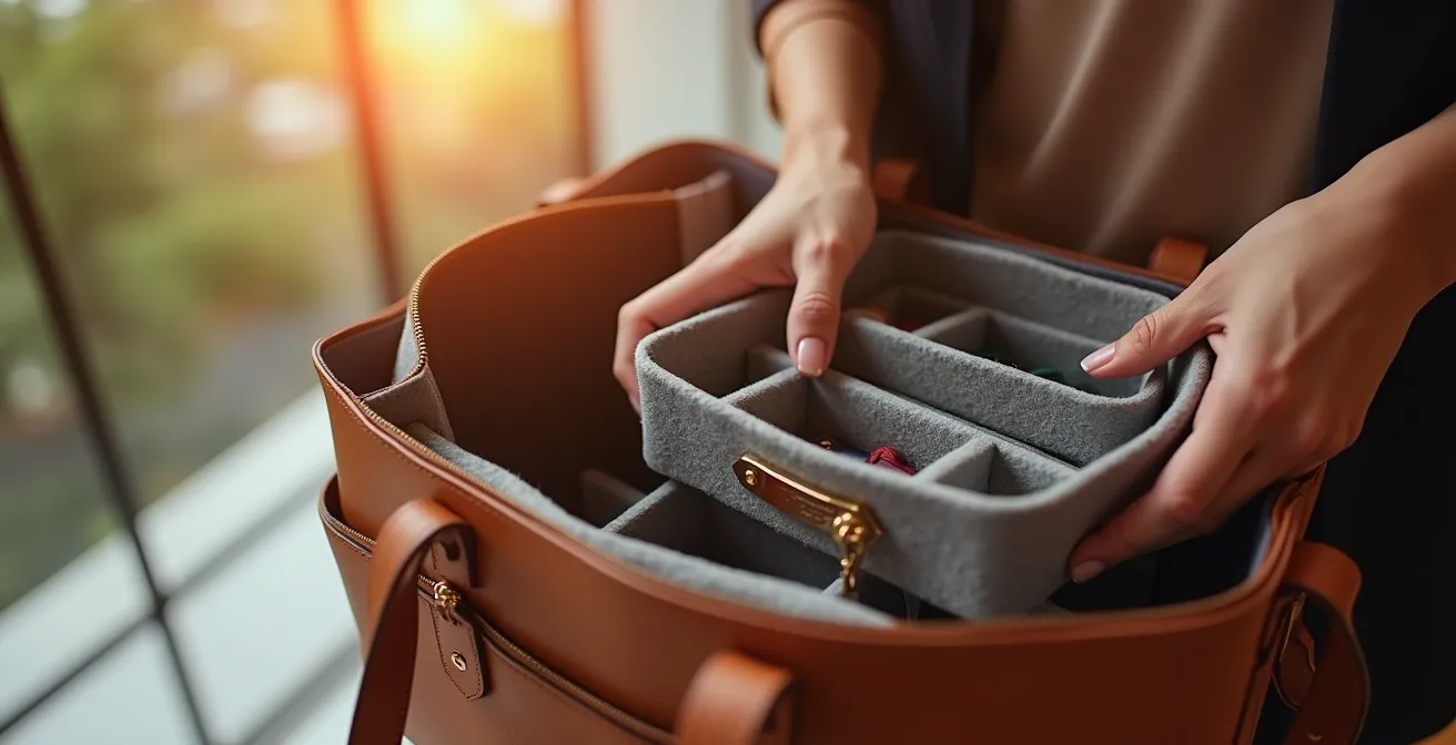 Handtaschen-Organizer aus Filz in geöffneter Designertasche mit organisierten Fächern