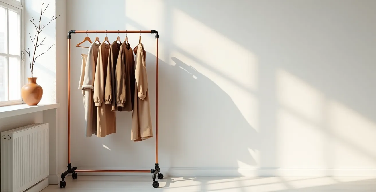 Vintage Kleiderstange mit ausgewählten Second-Hand-Stücken in warmem Licht