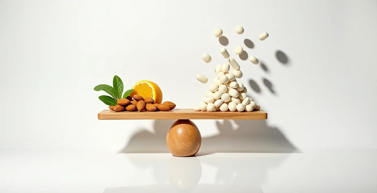 Stillleben mit natürlichen Vitaminquellen und minimalistischer Darstellung der Balance